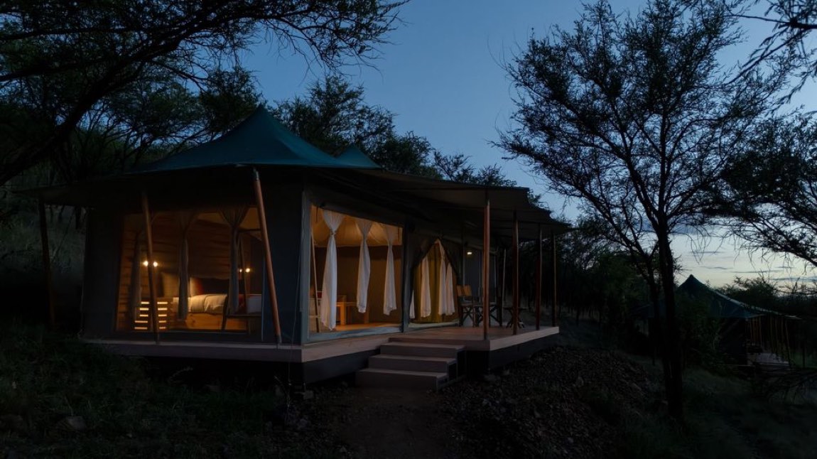 Camp exterior · blue hour